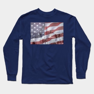 Downtown Manhattan, NYC And American Flag Long Sleeve T-Shirt